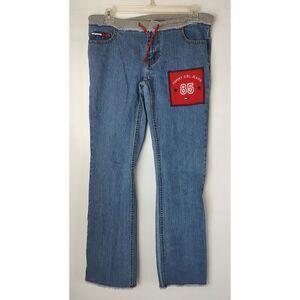 Tommy Girl Jeans 85 Patch Blue Denim Gray Jersey Waistband Bootcut Y2K Size 3‎